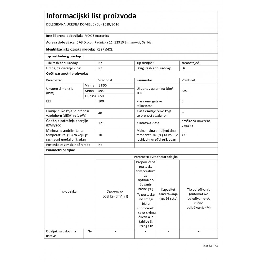 VOX Frižider sa jednim vratima KS3755IXE