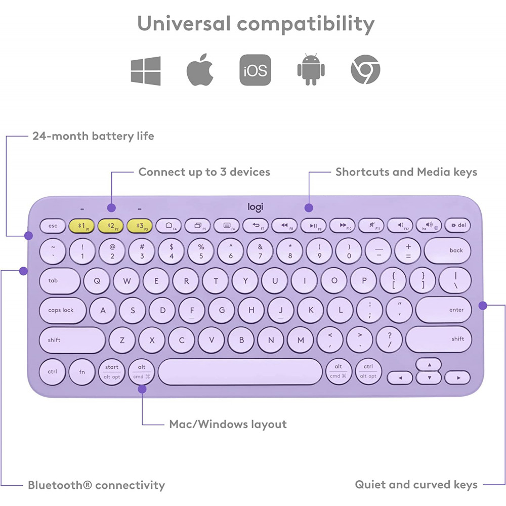 LOGITECH K380 Multi-Device Bluetooth Keyboard, Lavander Lemonade