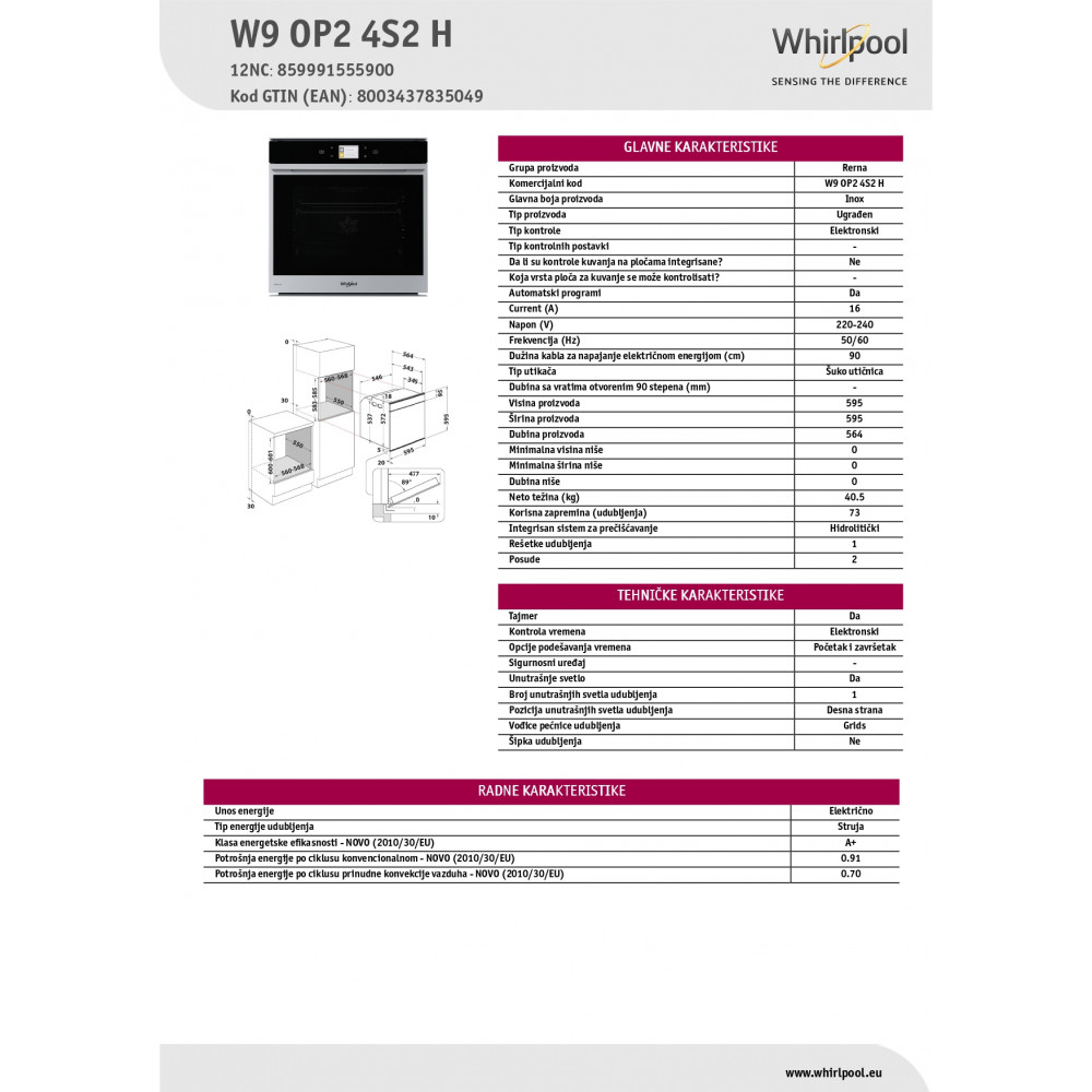 WHIRLPOOL Ugradna rerna W9 OP2 4S2 H