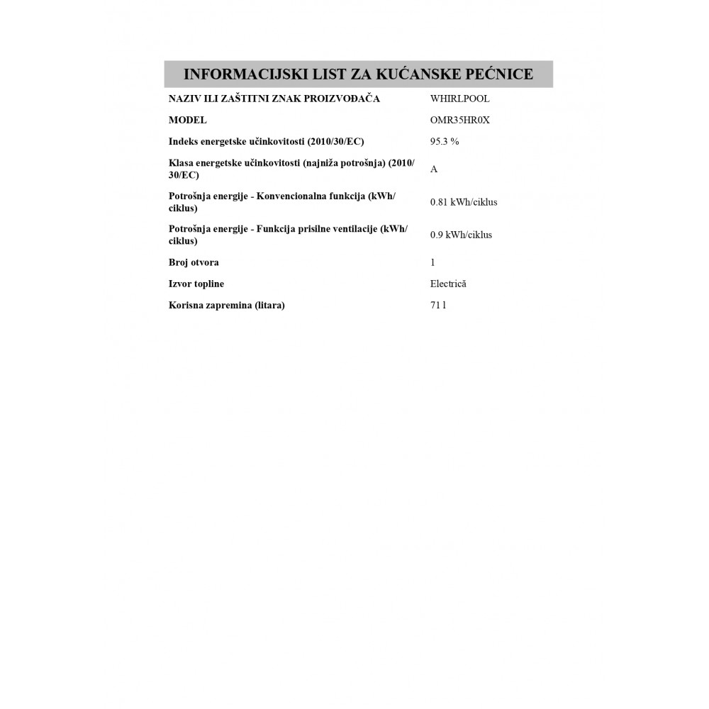 WHIRLPOOL Ugradna rerna OMR35HR0X