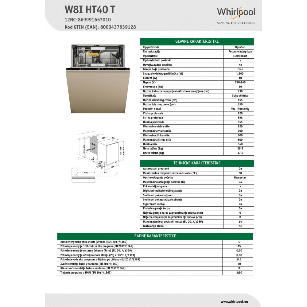 WHIRLPOOL Ugradna mašina za pranje sudova W8I HT40 T